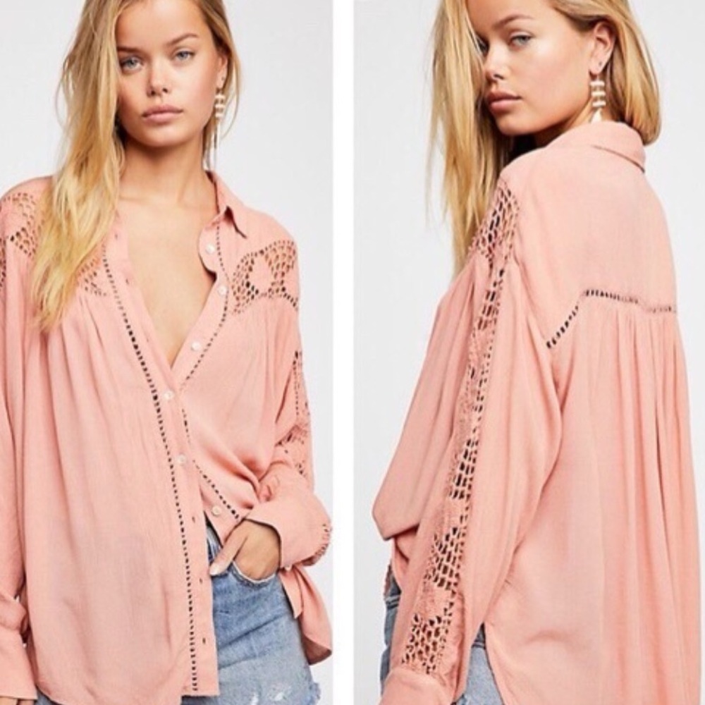 Free People Katie Bird Crochet Inset Shirt‎ Size Medium
